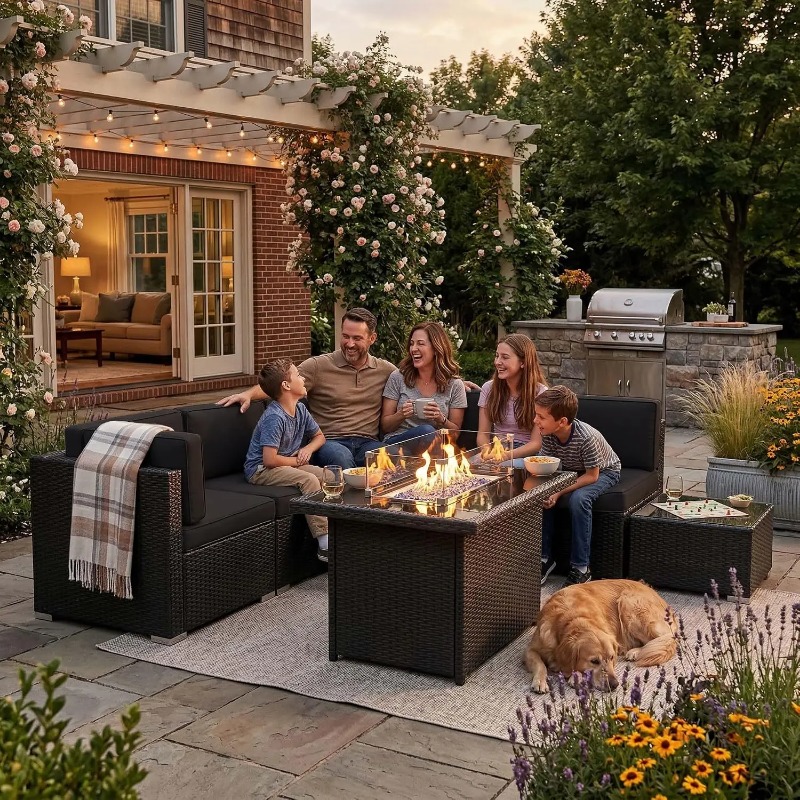 Outdoor Furniture With Fire Pit Table - Set Divano Sezionale in Vimini da
