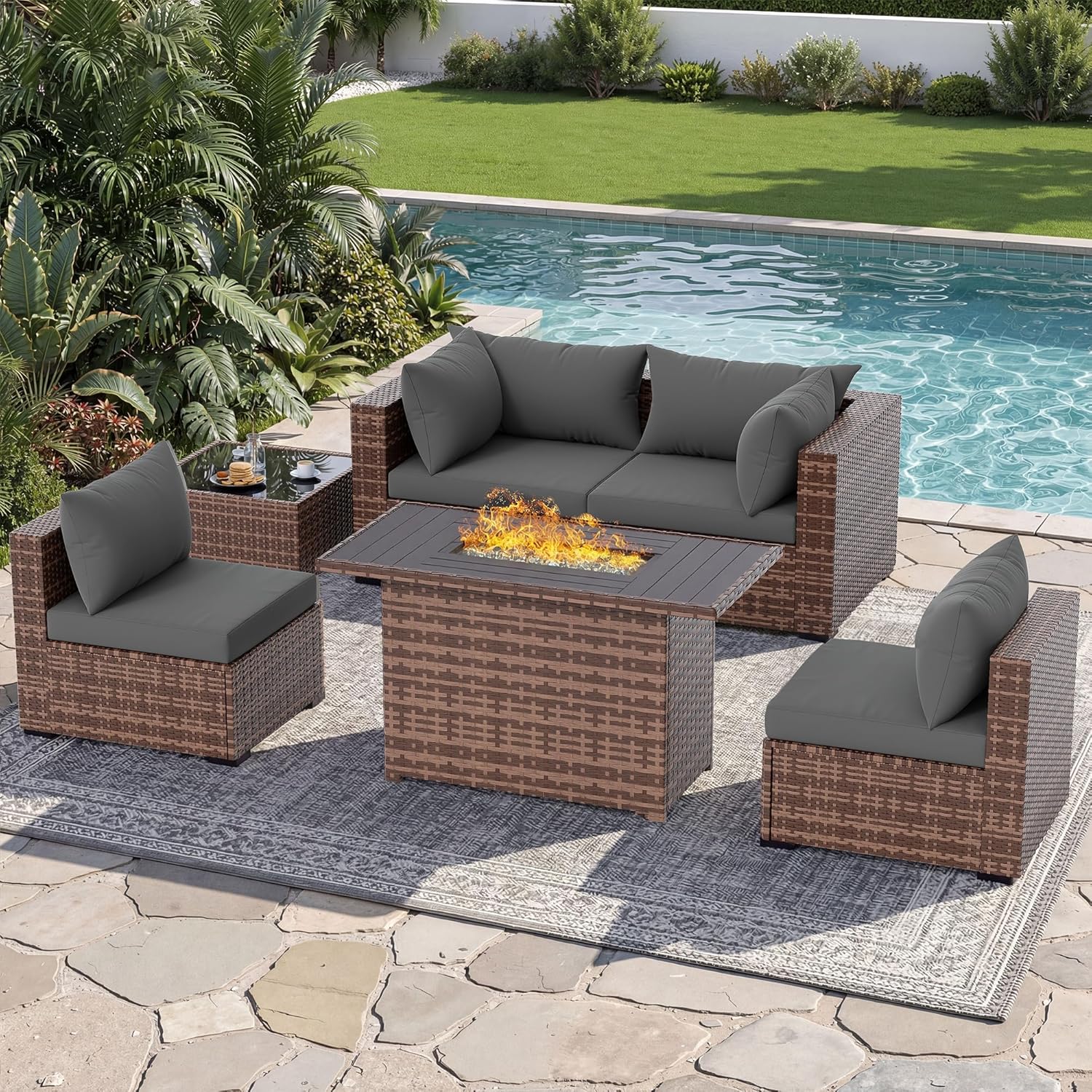 Outdoor Furniture With Fire Pit Table - Set Divano Sezionale da Esterno a